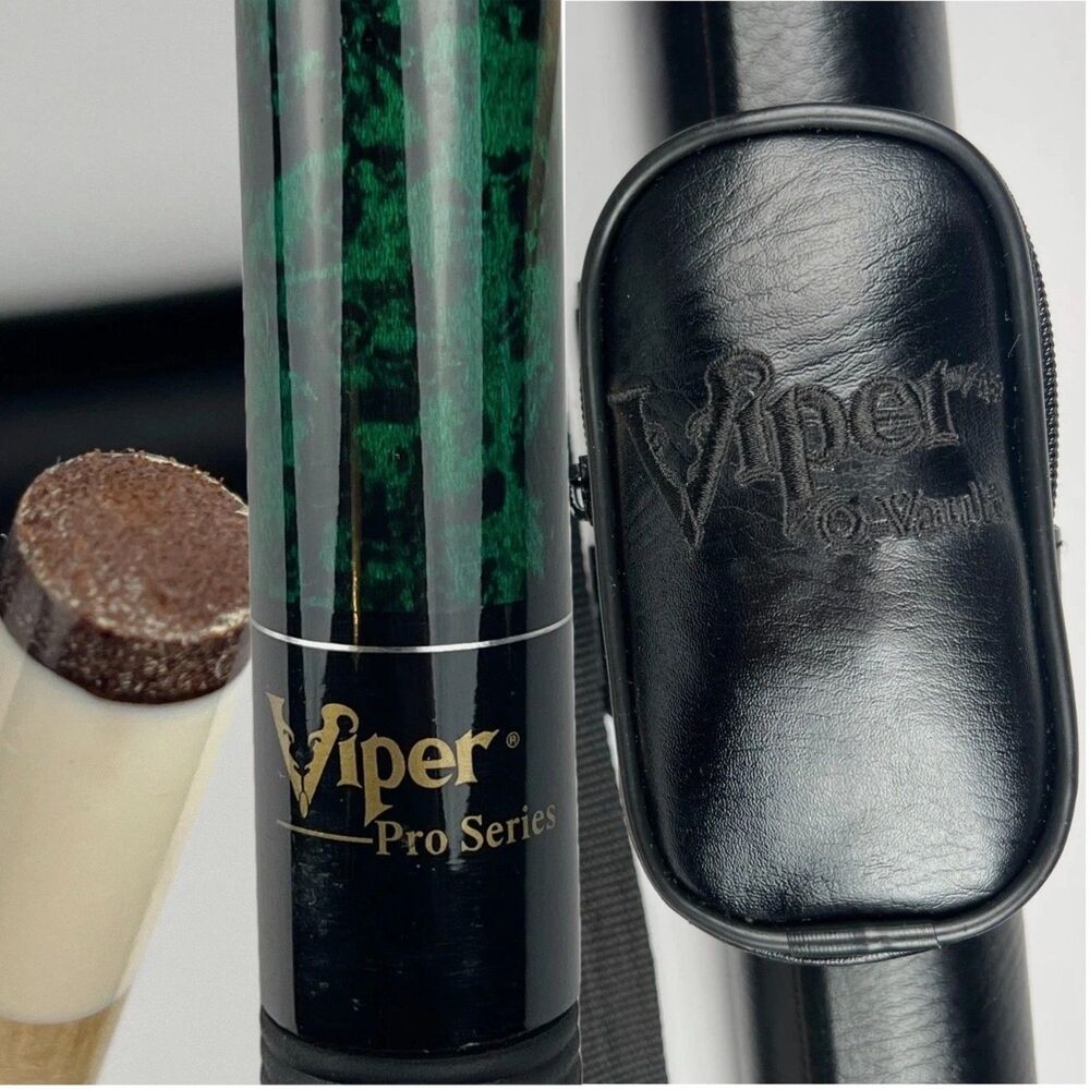 VIPER PRO SERIES Pool Cue Green Black Q-Vault Case RARE Black Stitching 19oz 58”
